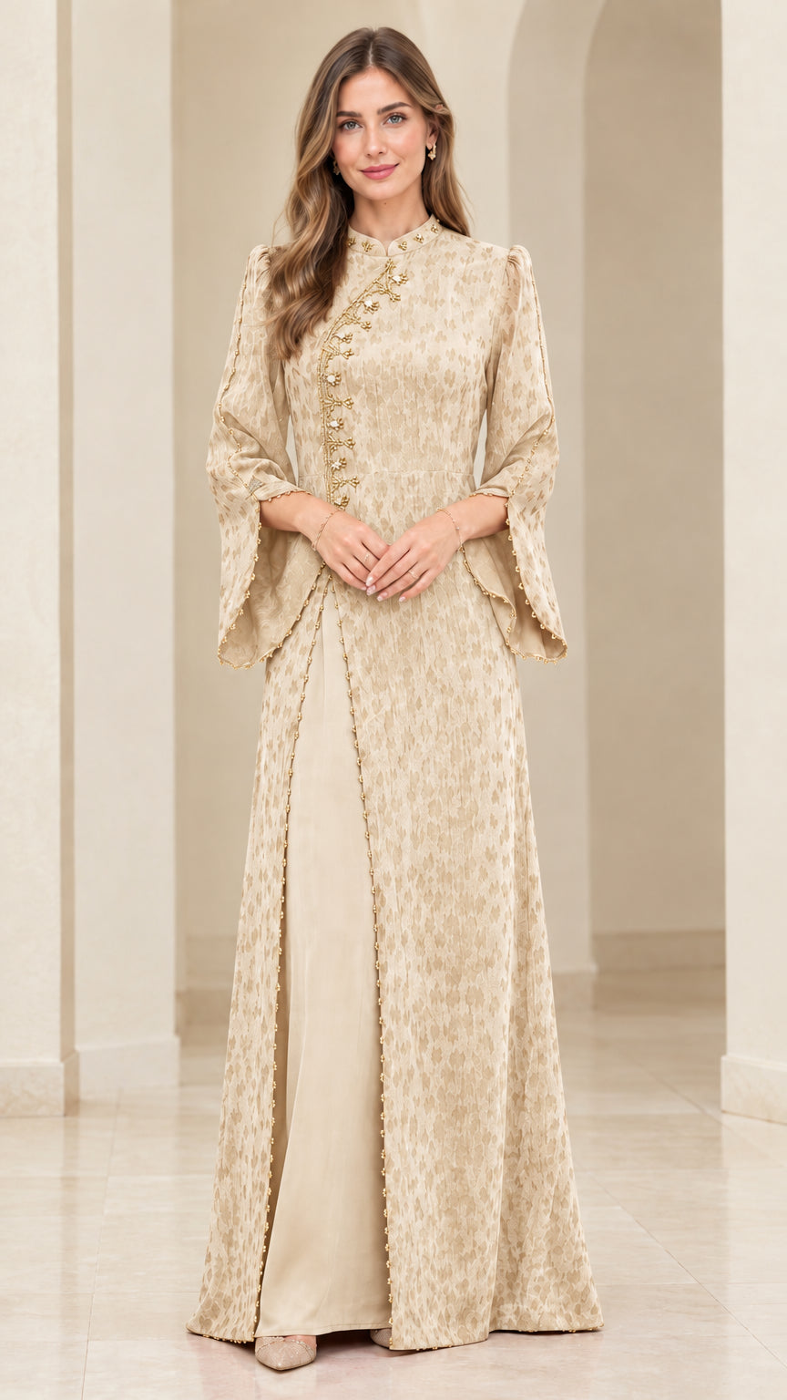 Full-length front view of the embroidered jacquard split maxi dress in Champagne