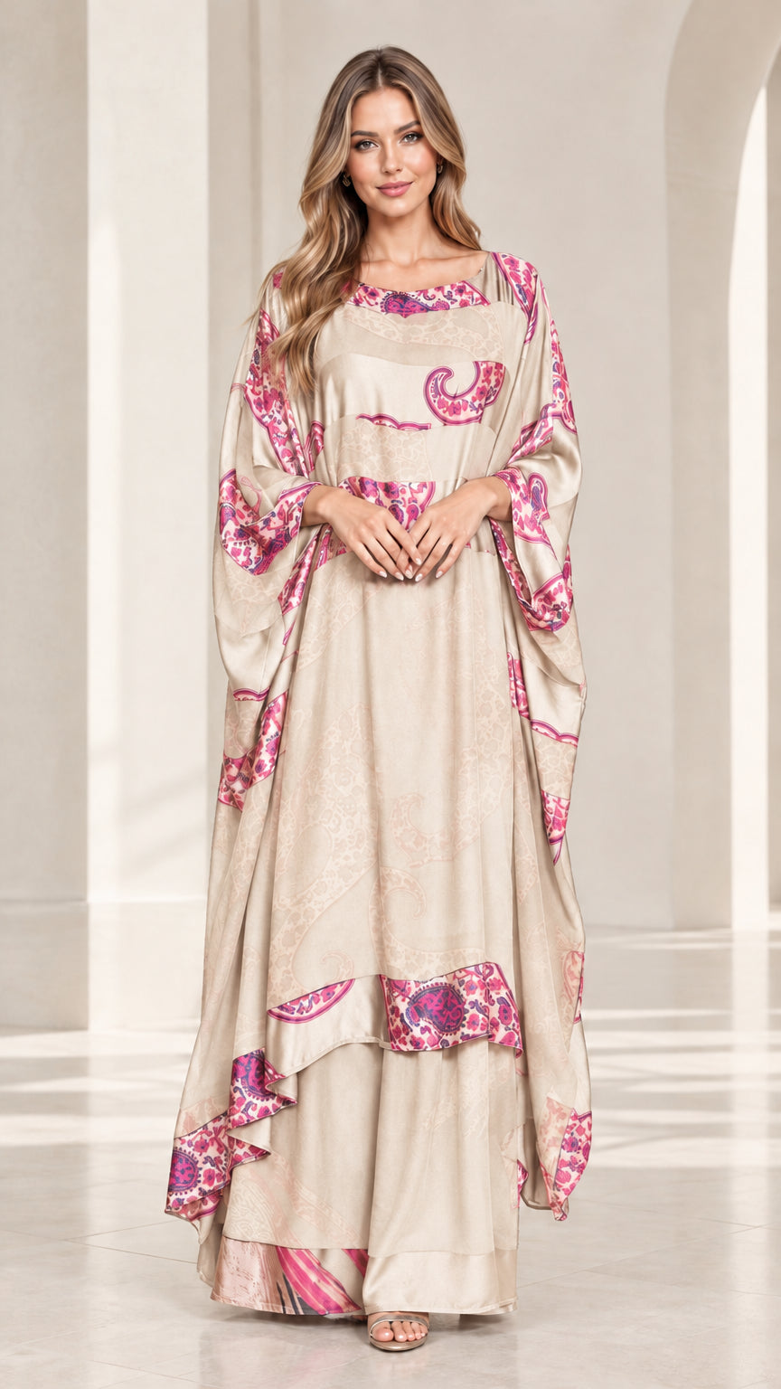 Full-length view of champagne beige paisley print kaftan maxi dress