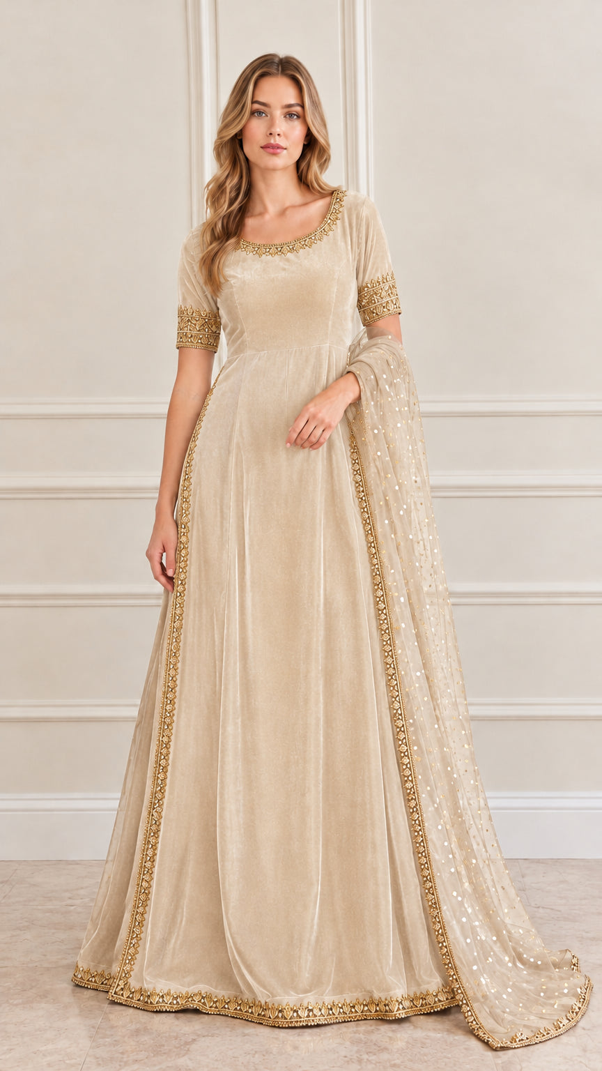 Champagne beige velvet embroidered maxi gown with gold border scarf