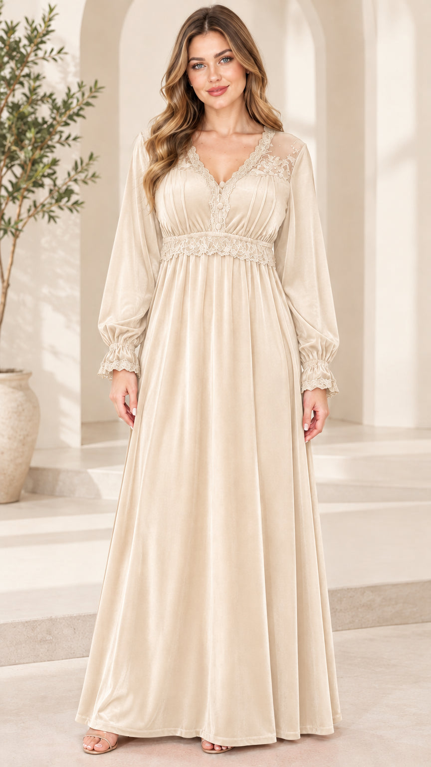 Front view of woman wearing Champagne lace trim velvet maxi dress