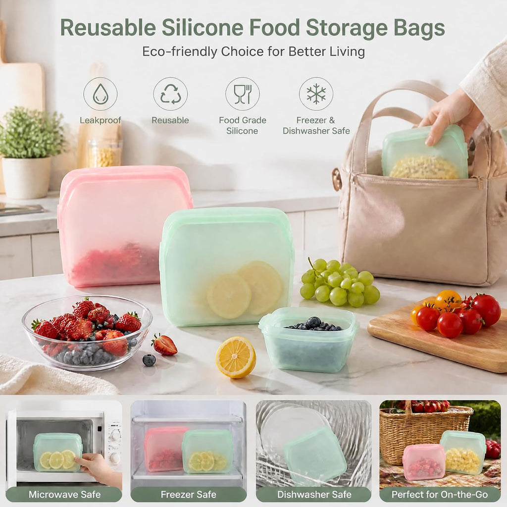 5 Pcs Silicone Reusable Leakproof Standing Food Storage Bags