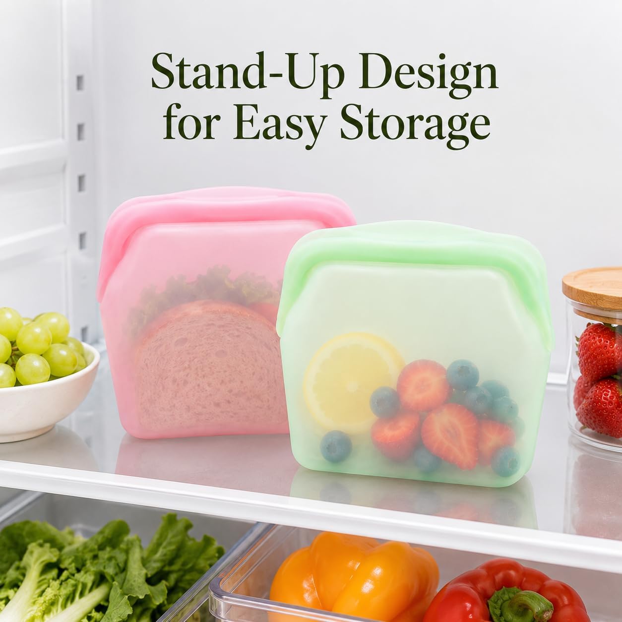 5 Pcs Silicone Reusable Leakproof Standing Food Storage Bags